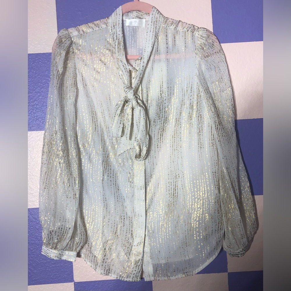 NWT 7 For All Mankind Silk White and Gold Festive Holiday Blouse - Size XS